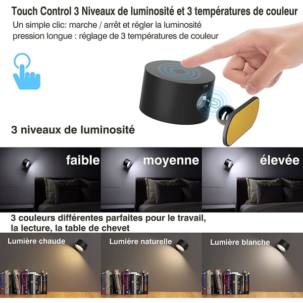 Inomhusvägglampa, Touch LED-vägglampa med USB laddningsport Touchkontroll, 3 ljusstyrkanivåer 3 temperaturer 360 vridbar sänglampa för sovrummet