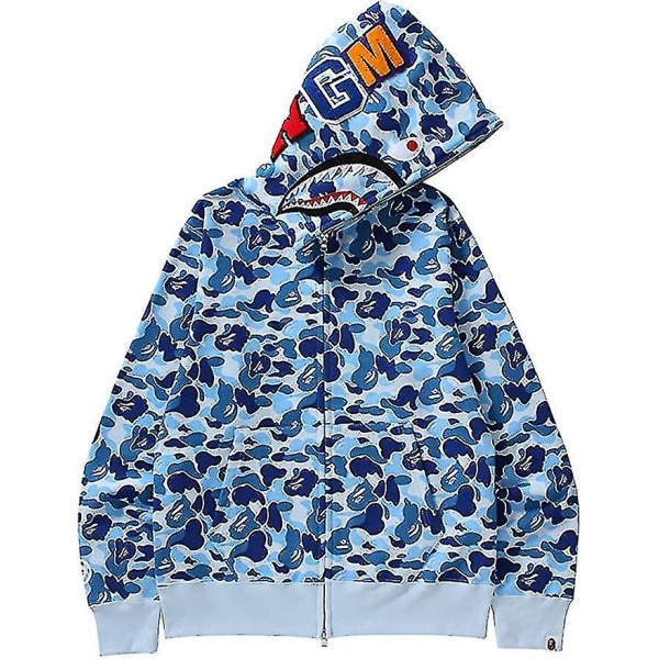Shark Ape Bape Hættetrøje Camo Print Polyester Sweater Casual Løs Lynlås Hættetrøje Til Mænd Kvinder blue L
