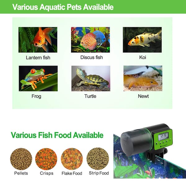 Automatic Fish Feeder for Aquarium, Adjustable Food Dispensing, Large Capacity, Moisture-Proof Container for Flakes, Pellets, Crumbs, Programmable Feeding