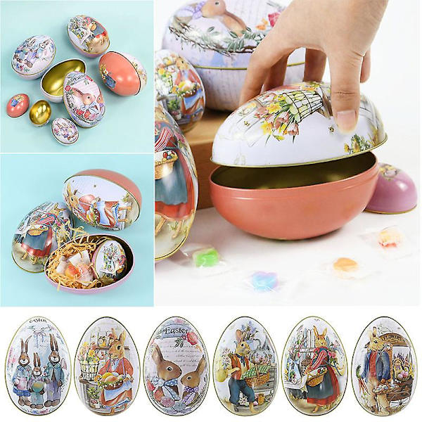 12/6cm Godteriboks Metall Påskeegg Påskegavebokser Tegneserie Vårkanin Kaninfamilie Bursdag Baby Shower Festdekorasjoner D 6.5x5x4.5 cm