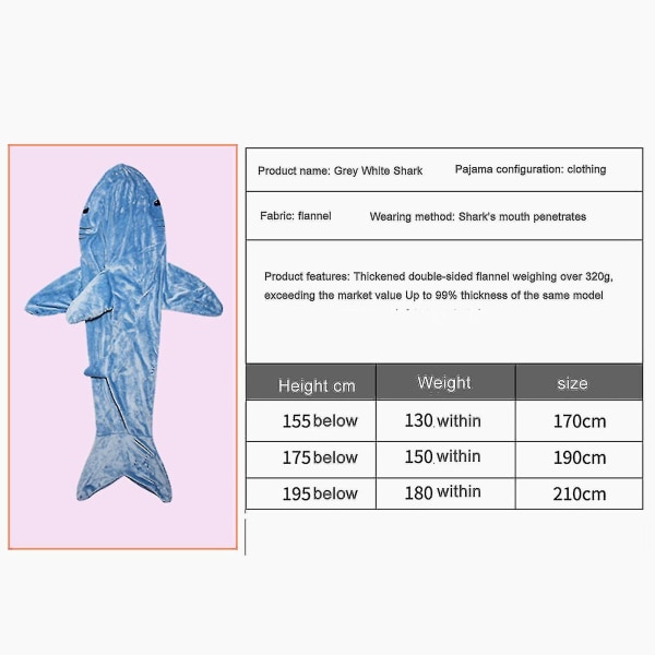 Venalisa Shark Blanket Hettegenser Voksen - Shark Onesie Voksen Bærbart Teppe - Shark Blanket Super Myk Koselig Flanell Hettegenser Shark Sovepose 170cm