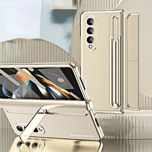Z Fold 5 Fodral med Skärmskydd, Fodral Kompatibelt med Samsung Galaxy Z Fold 5 med Pennfack & Stativ & Kapacitiv Penna Gold