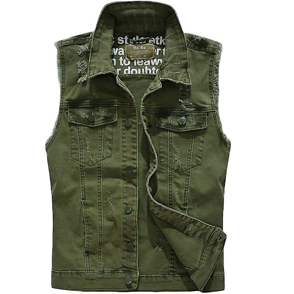 Herrar Klassisk Krage Ärmlös Denimjacka Retro Slim Casual Väst Green L
