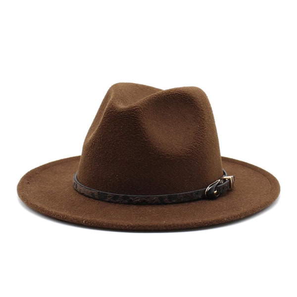 Unisex bredbrättad Fedora-hatt Filt Panamahatt med bältesspänne Present för födelsedag Alla hjärtans dag Deep Coffee