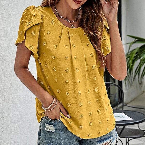 Dame T-skjorte Chiffon topper med rund hals Polka Dots Tunika Bluse Uformell T-skjorte med kronbladermer Yellow M