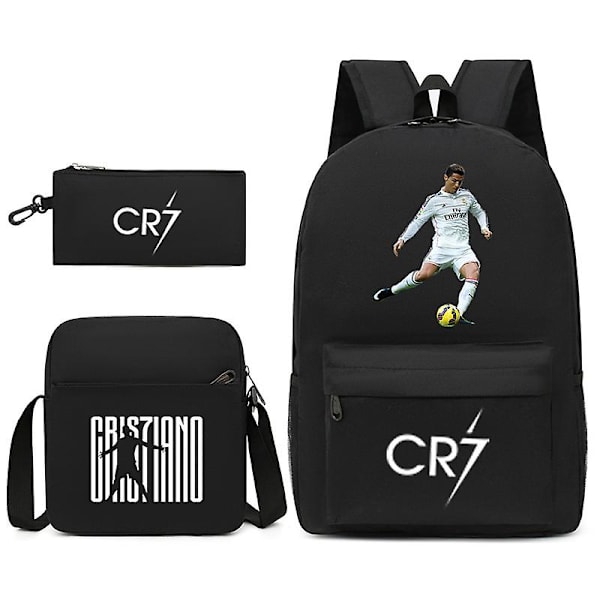 Jalkapallotähti Ronaldo (CR7) -painatus, kolmiosainen reppu vasemman- ja oikeanpuoleisille oppilaille Black 2 threepiece suit