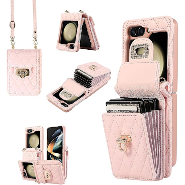 Galaxy Z Flip 5 Pungtaske, crossbody blød lædertaske til Samsung Galaxy Z Flip 5 med 6 kortlommer Pink