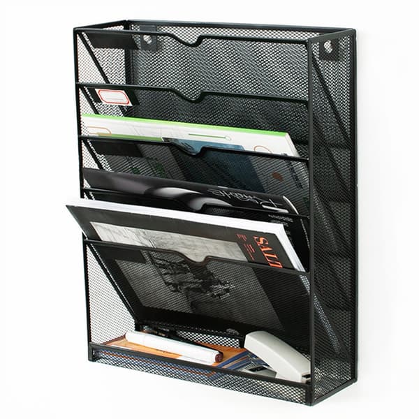 5-Layer Wall File Holder Vertical Placement Glossy Edges Wall Mounted File Holder with Hanging Hole for Office Black