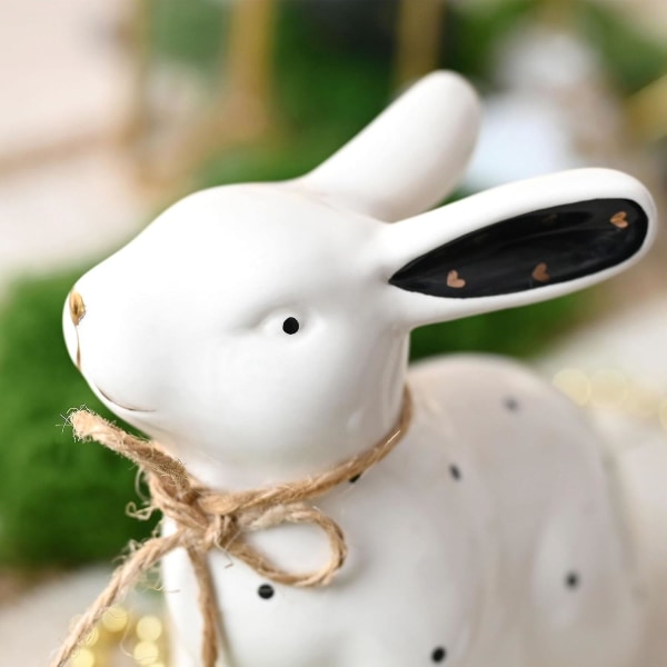 Valery Madelyn 2 stk påskepynt, vårdekor, keramisk kaninfigur, hvite påskeharefigurer, kaninpynt med prikker til hjemmet