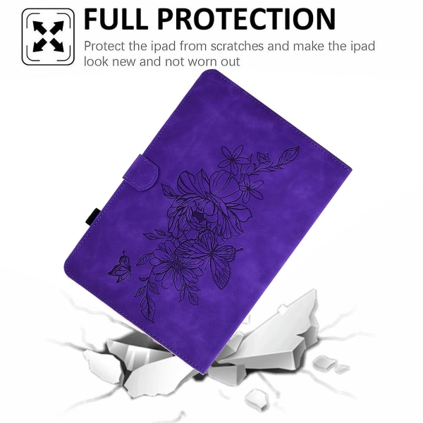 Täysin suojattu tablet- case Samsung Galaxy Tab A8 10.5 (2021) X200 / X205 Butterfly Flower -kukkakuviolle painettu pu-nahkainen ompeluviiva Pudotuksenesto T Purple
