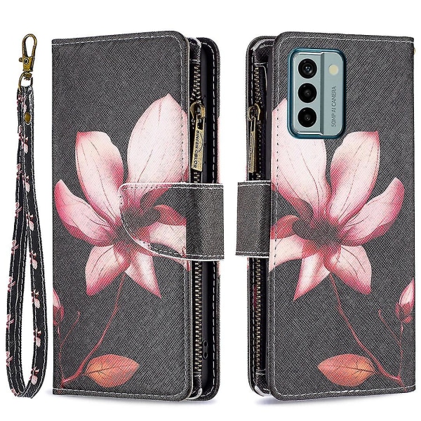 Nokia G22 Bf03 vetoketjutaskulle nahkaiselle phone case kuviotulostus cover Taitettava jalustan kansi Pink Flower