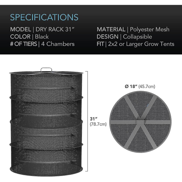 Tørkenett - 4-lags hengende nett for tørking av urter, gress tørkenett med glidelåser - 45 cm / 60 cm