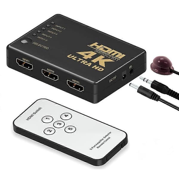 Hdmi-switch 4k, intelligent 5-port Hdmi-växlare, splitter, stöder 4k, Full Hd1080p, 3d med fjärrkontroll