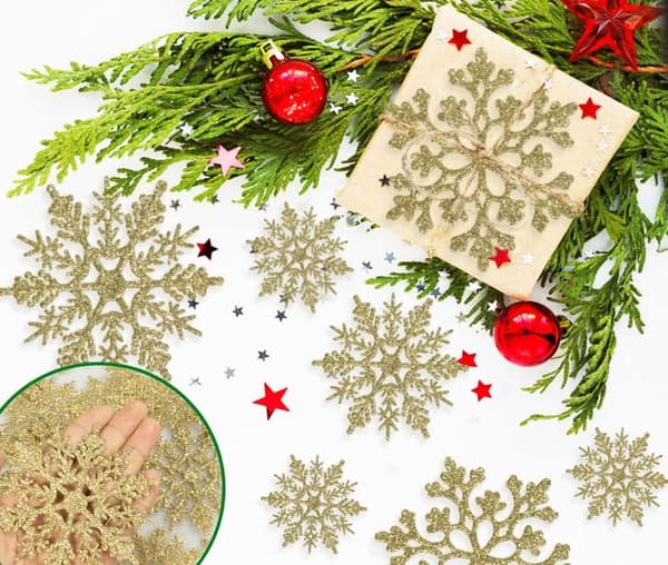 36 stycken Julguld Snöflinga Ornament Plast Glitter Snö