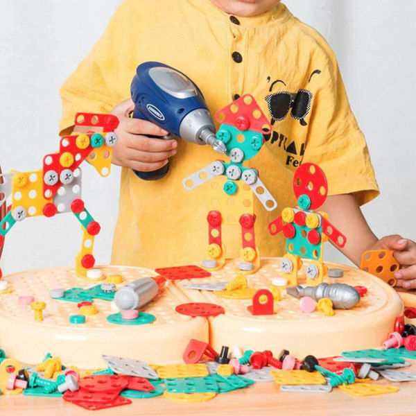 Pedagogisk lekesett med treverktøysett byggeklosser med bor og 203 deler - gave til barn for finmotorikk, kreativitetsutvikling og læring yellow