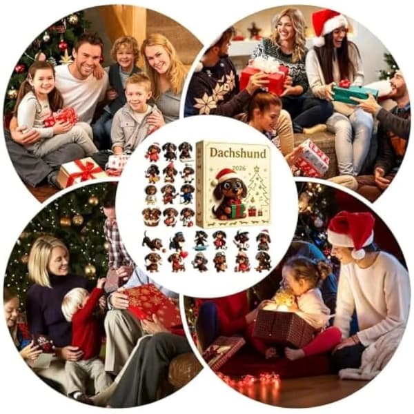 En julekalender med 24-dagers nedtelling, med dachs-design, laget av akryl