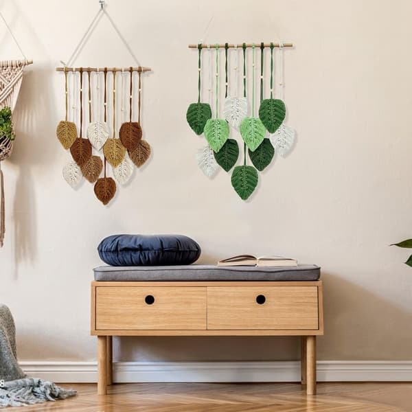 Macramé väggbonad, Boho vävd väggbonad med träpärlor och gröna blad blå bl\\\\u00e5 bl\\\\u00e5