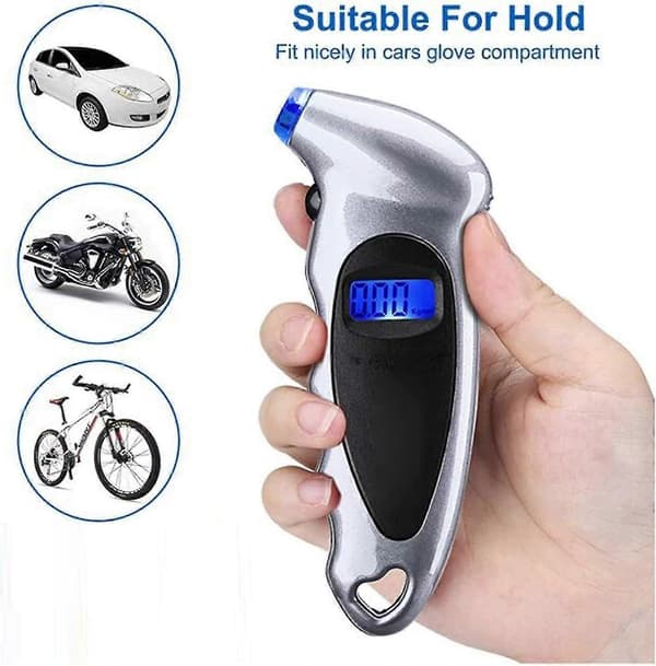 Dæktryksmåler, Digital Dæktryksmåler, 150 Psi 4 Parametre, Dæktryksmåler Med 4 Ventilhætter Og Dybde Til Bil Motorcykel Cykel, Sølv