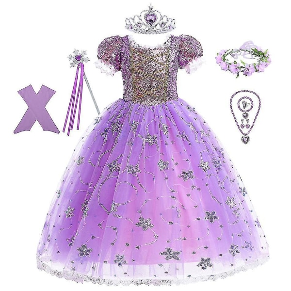 Prinsessa Rapunzel -mekko tytöille - Elegantti violetti mekko - Hieno karnevaaliasu - Lasten prom-iltapuku - Halloween-rooliasu - Mekko 5-6Y Tag-130 Rapunzel Sets 05