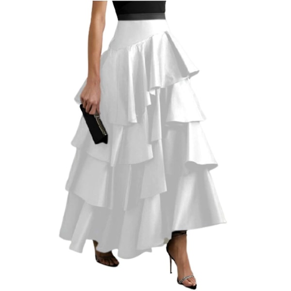 Uoozee Urban A-line volang partykjol för kvinnor, veckade enfärgade långa kjolar med hög midja White M