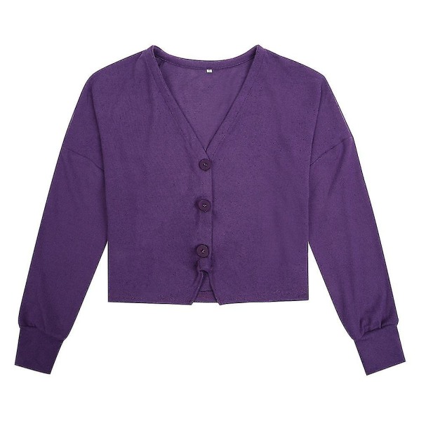 Bomull Dame V-hals Mote Design Løs Ensfarge Casual Cardigan 15 farger Purple XL