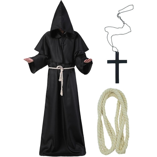 Unisex voksen middelalderkåbe kostume munk hættekåbe kappe broder præst troldmand halloween tunika kostume 3 stk. Black Large