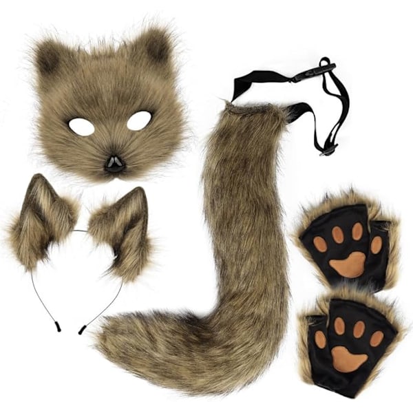 Plush mask med räv svans och öron set, katt svans räv kostym cosplay kostym med katt öron och tass handskar halloween cosplay green