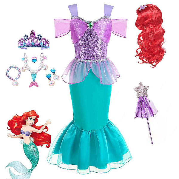 Ariel Dress Cosplay Kostymer Halloween The Mermaid Princess Skirt Ariel Princess Dress Halsband Örhänge Crown Ig Magic Stick Accessories Kit 120