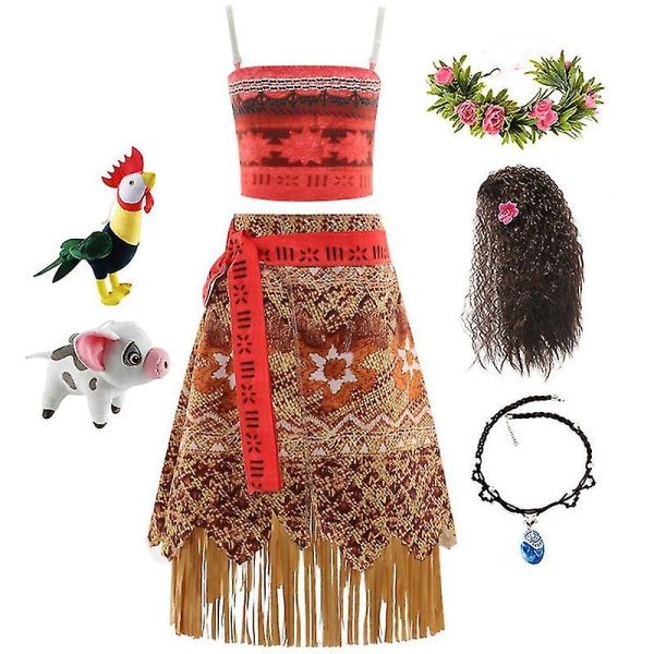 Moana Dress Cosplay Costume Oceania Girls Hula Kjol Kostym Peruk Klänning Halsband garland 140