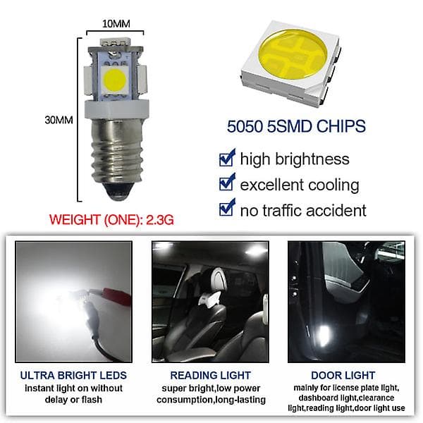10 stk. E10 6V LED-lamper 5SMD 0,5W 50lm - Lampacool Hvit
