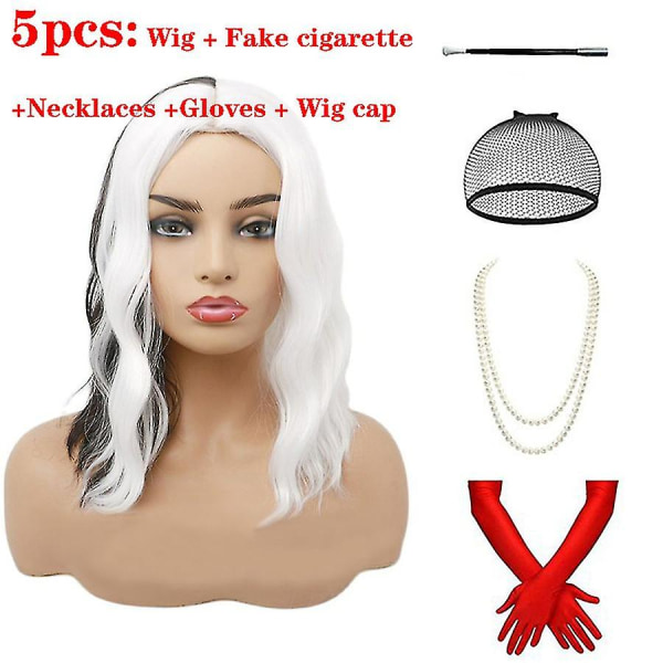 Cosplay Halloween-asuun Party-peruukki Cruella De Vil Musta Valkoinen Ponnareilla Lyhyt Bob Naisille Lämpökestävä Synteettinen Peruukki E2