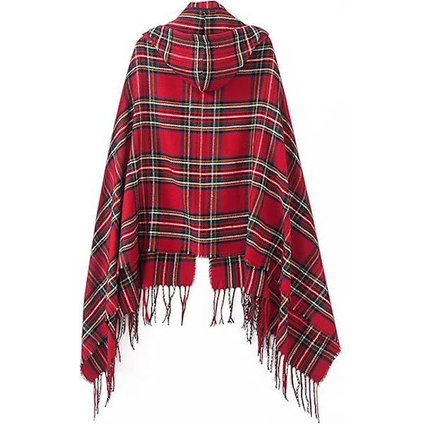 Dam Poncho med Kvastkant i Vintage Rutig Stickad