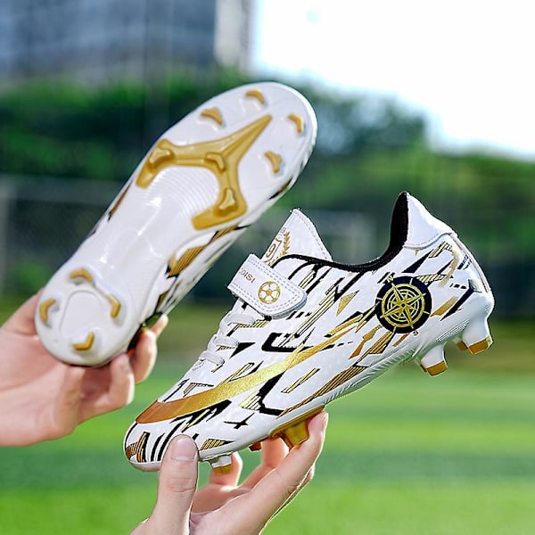 Barn Fotbollsskor Gräs Konstgräs Inomhus Fotboll Casual Utomhus Sport X1577A WhiteGold 32