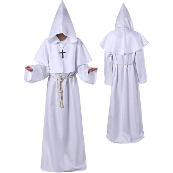 Unisex voksen middelalderkåbe kostume munk hættekåbe kappe broder præst troldmand halloween tunika kostume 3 stk. White Small
