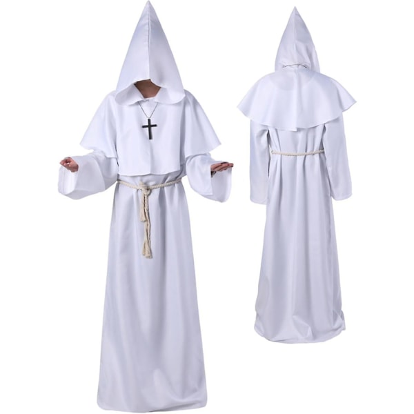 Unisex Vuxen Medeltida Kåpa Kostym Munk Huvad Kåpa Kappa Friar Präst Trollkarl Halloween Tunika Kostym 3 delar White XX-Large