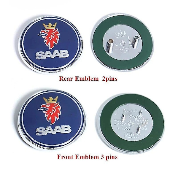 68mm 2 3-stifts Saab Bil Front Huv Emblem Baklucka Stötfångare Badge för Saab 9 3 9 5 9-3 9-5 Saab Emblem Dekal Tillbehör Ya Front Blue