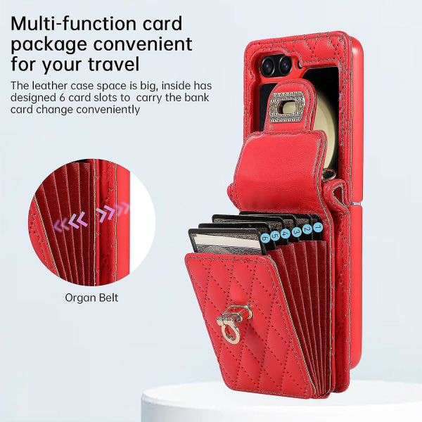 Galaxy Z Flip 5 case, crossbody pehmeä case Samsung Galaxy Z Flip 5:lle, jossa 6 korttipaikkaa Red