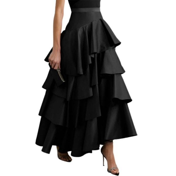 Uoozee Urban A-line volang partykjol för kvinnor, veckade enfärgade långa kjolar med hög midja Black S