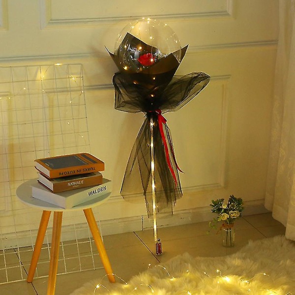 Lysende Ballon Rosebuket Led Lys Op Bobo Ball Med Rose 20 Tommer Glød Bobleballoner Med Lysstreng Black Yarn