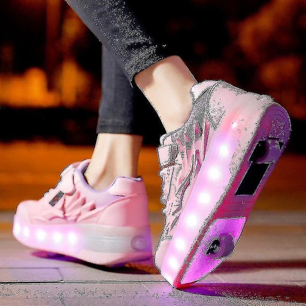 Childrens Sneakers Dubbelhjulsskor Led Light Skor Q7-yky Pink 37