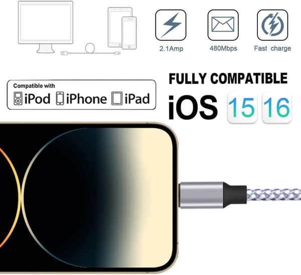 Oplader til iPhone, Lightning-kabel 3-pak 6FT USB-opladerkabel