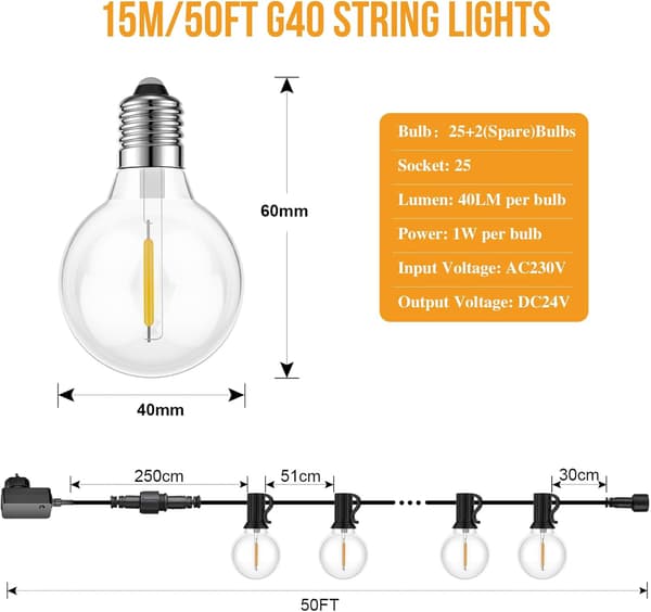 Dimmable Outdoor String Lights, 15 meters long, with remote control, 25+1 unbreakable bulbs, IP45 waterproof, 2700K [Energy Efficiency Class E]