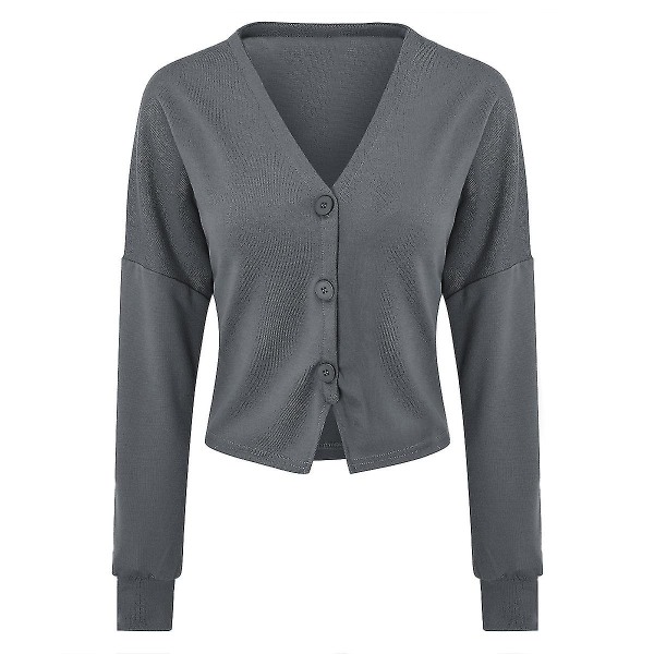 Bomuld Dame V-hals Mode Design Løstsiddende Ensfarvet Casual Cardigan 15 Farver Gray L