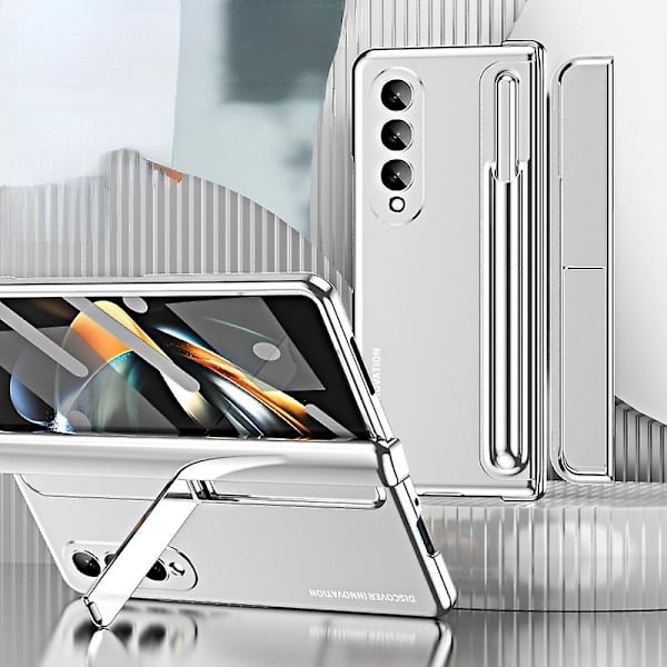 Z Fold 5 Fodral med Skärmskydd, Fodral Kompatibelt med Samsung Galaxy Z Fold 5 med Pennfack & Stativ & Kapacitiv Penna Silver
