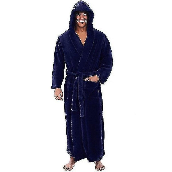 Flanellimies, jossa hupullinen, paksu lämmin puku, kylpytakki, erittäin pitkä kimono Blue XXL