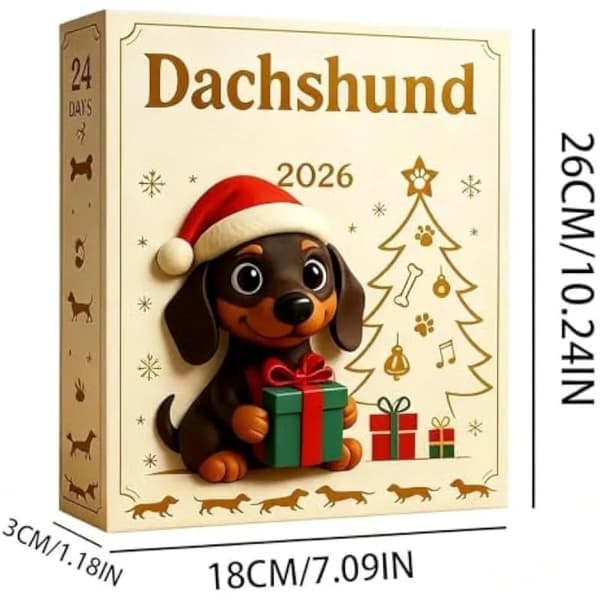 En julekalender med 24-dagers nedtelling, med dachs-design, laget av akryl