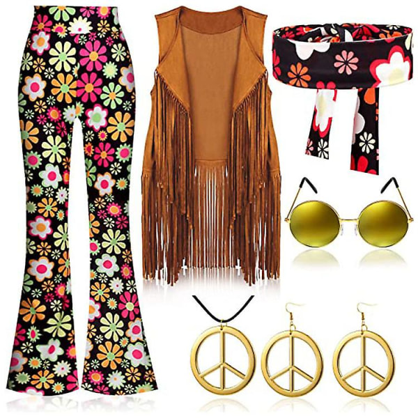 70-luvun Hippi Party Retro-asu Tupsuliivi+housut+huivi Puku black XL