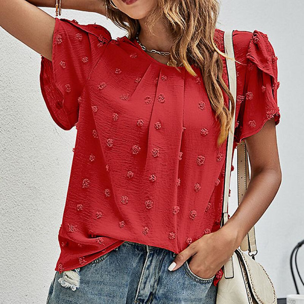 Damet-shirt med rund hals, Chiffon Top med Polka Dots, Tunika Bluser, Casual Bluser med Petal-ærmer Red L