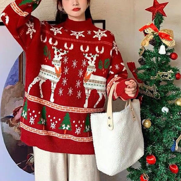 Lös Jultröja för Kvinnor Röd Nyårs Kläder Snöflinga R XL