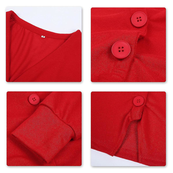 Bomulls Cardigan for Dame med V-hals, Løstsittende, Ensfarget, Casual Design, 15 Farger Red L